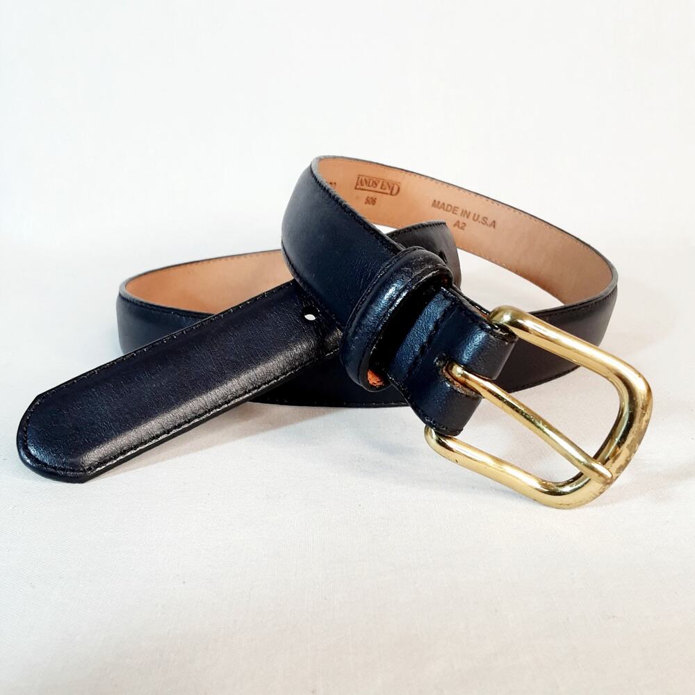Lands End Mens 606 Black Leather Belt Size 30 Brass Buckle Classic